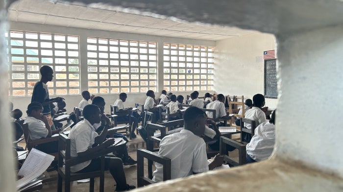 A junior high school classroom in Bong County, Liberia, January 2026.