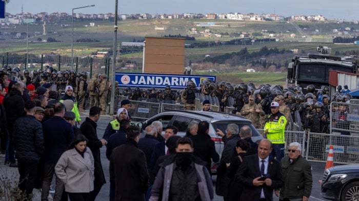 Gendarmes lined up at the entrance to the Marmara courthouse and prison complex on the first/opening day of the trial of Istanbul mayor Ekrem Imamoglu and 406 co-accused, Silivri, Istanbul, Türkiye, March 9, 2026.