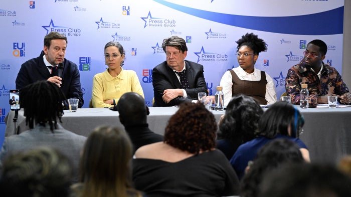 (From left) Family members of murdered Congolese independence icon Patrice Lumumba Yema Lumumba and Mehdi Lumumba, with their Belgian and German lawyers, hold a press conference in Brussels, on January 19, 2026 after a Belgian court hearing on a potential prosecution for the 1961 killing.