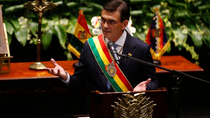 Bolivian President-elect Rodrigo Paz speaks during his swearing-in ceremony at the Plurinational Legislative Assembly in La Paz, Bolivia, November 8, 2025. 