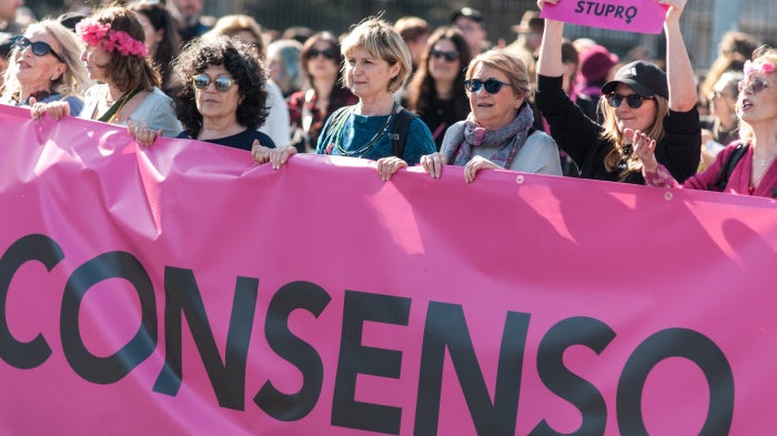 A demonstration with the slogan "Without consent, it's rape" takes place in Rome, Italy, on February 28, 2026.