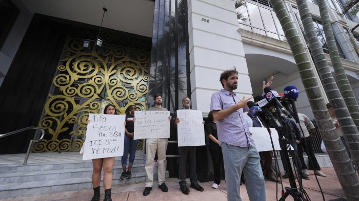 Thomas Kennedy of the Florida Immigrant Coalition speaks during a press conference calling on FIFA to protect soccer fans from immigration status checks at Club World Cup matches, outside the FIFA offices in Coral Gables, Florida, US, June 30, 2025.