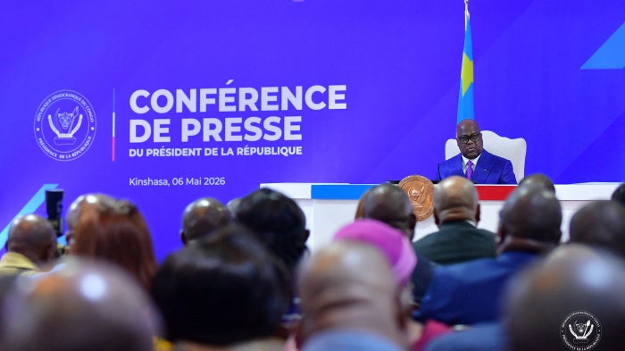 President Tshisekedi at a conference in Kinshasa.