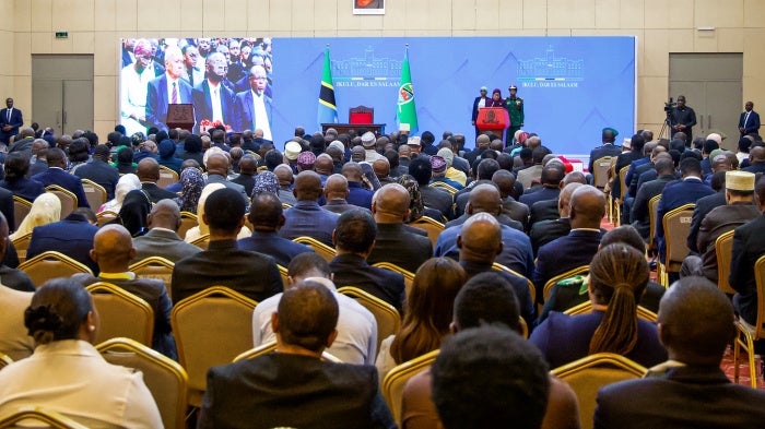 Tanzania's President Samia Suluhu Hassan delivers remarks following the presentation of findings from a Commission of Inquiry organized by the Tanzanian government following unrest around the country's election, at the State House in Dar es Salaam on April 23, 2026. 