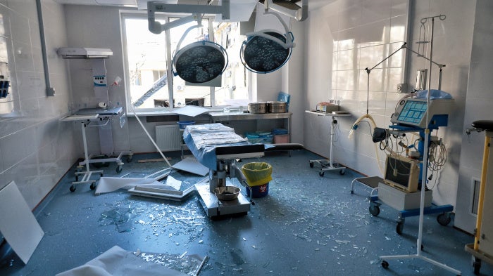 Debris in a procedure room at Maternity Hospital No. 5 after a Russian drone strike in Odesa, Ukraine, on March 28, 2026.