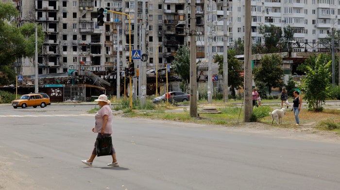 A damaged residential building in the Russian-occupied eastern Ukrainian town of Severodonetsk, Luhansk region, August 8, 2024.