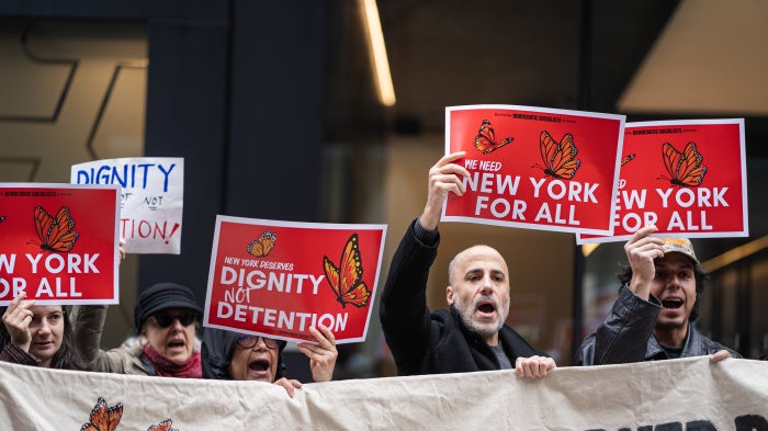 Immigration activists are calling on Governor Kathy Hochul to sign the NY For All Act, which expands protection for immigrants living in New York reguardless of immigration status. New York City, March 22, 2026. 