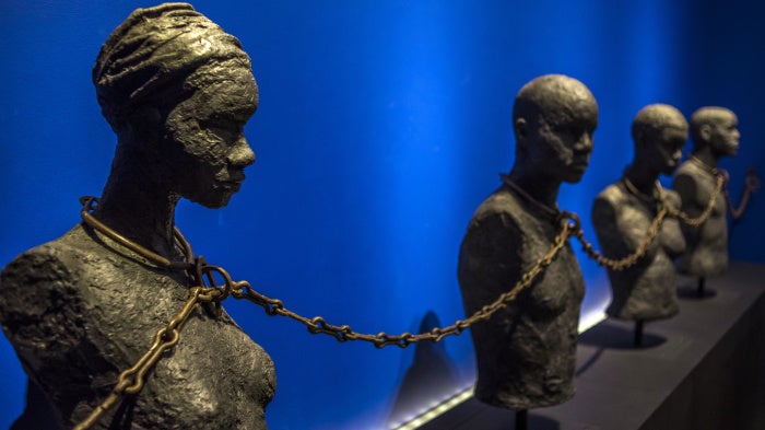 "Slave Chain with Four Yokes" from the Dexue voodoo convent in Adounko, Benin, dating from the 19th century at the Memorial ACTe, the Caribbean Centre of Expression and Memory of Slavery and the Slave Trade, in Point-a-Pitre, May 8, 2015. 