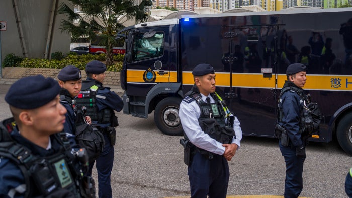  A prison van believed to be carrying Jimmy Lai leaving West Kowloon Magistrates Courts where his sentencing took place in Hong Kong, February 9, 2025. 