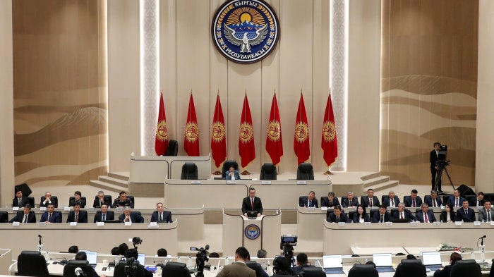 Kyrgyz President Sadyr Japarov speaks during the first session of the Jogorku Kenesh (Parliament) of Kyrgyzstan of the 8th convocation in Bishkek, Kyrgyzstan, December 17, 2025.