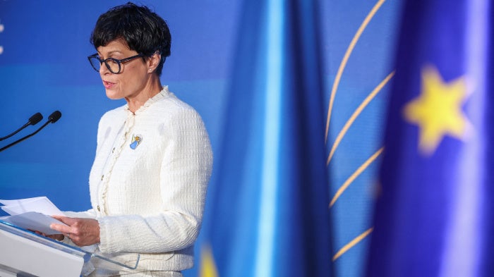European Enlargement Commissioner Marta Kos speaks at a forum supporting Ukraine's EU accession reforms, amid Russia's attack on Ukraine, in Kyiv, Ukraine, June 8, 2026.