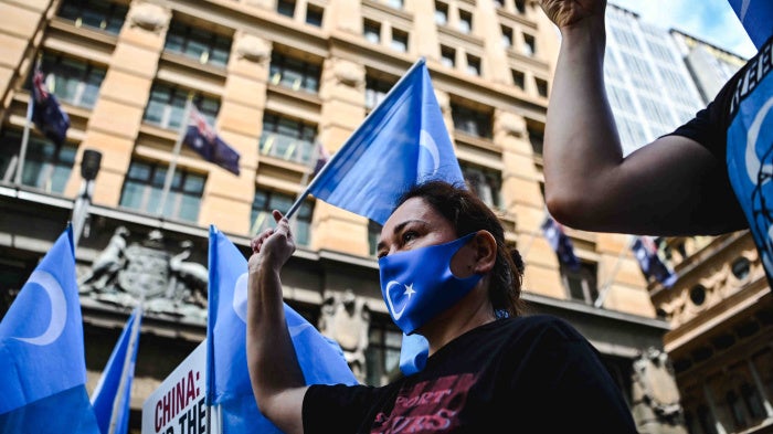 Protesters gather for a rally outside Channel 7 studios in Sydney, Australia, February 4, 2022. 