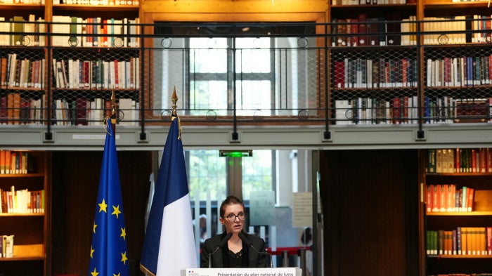 France's junior Minister for equality Aurore Berge during the presentation of the new national Plan to fight against racism, antisemitism and discrimination based on origin at the Bibliotheque Nationale of France (BNF) in Paris on July 6, 2026.
