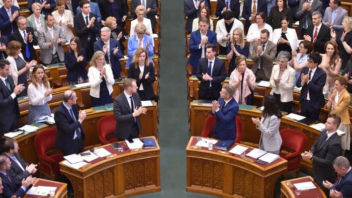 Members of the National Assembly vote to approve legislation to abolish the Sovereignty Protection Office during a parliamentary session in Budapest, Hungary, June 30, 2026.
