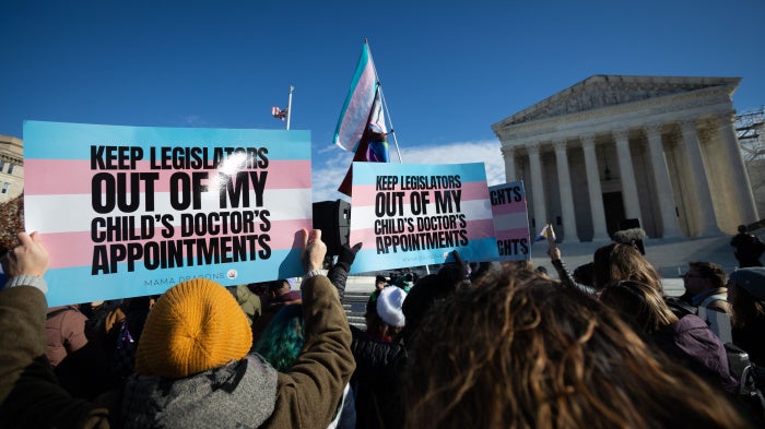 Demonstrators support access to gender-affirming care for transgender children outside the US Supreme Court in Washington, DC, on December 4, 2024.