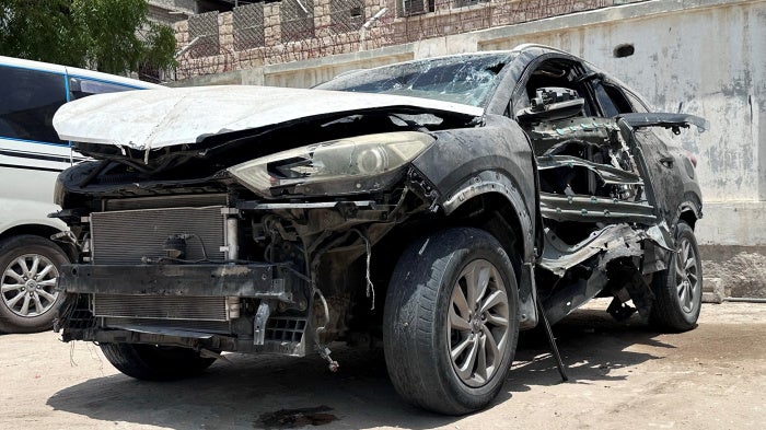 Muhammad Aidha’s car in the yard of a police station, where it had been moved to after an explosive device planted in the car detonated and killed him, in Mukalla, Yemen June 25, 2026.