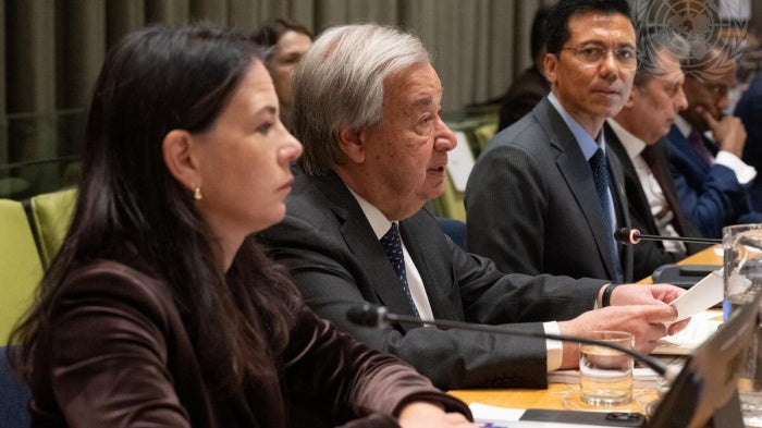 From left to right: Annalena Baerbock, President of the 80th Session of the United Nations General Assembly, Secretary-General António Guterres, and Lok Bahadur Thapa, President of the Economic and Social Council, address the Follow-Up Forum on Financing for Development, in New York, April 20, 2026. (