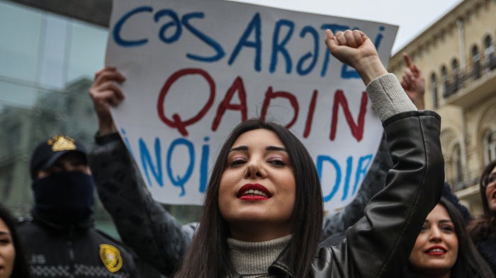 Aytaj Ahmadova during a rally on International Women's Day, March 8, 2024 in Baku, Azerbaijan.