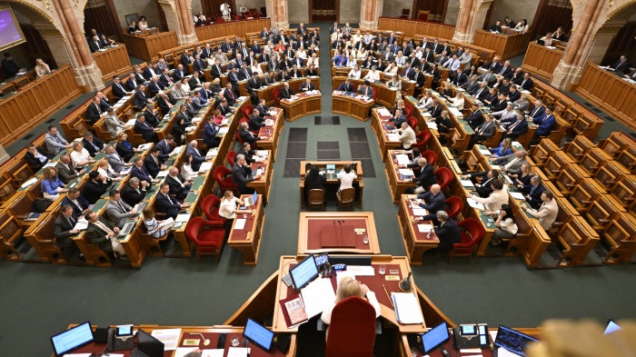 Lawmakers vote in the chamber of the Hungarian National Assembly on legislation related to establishing the National Asset Recovery and Protection Office in Budapest, Hungary, July 28, 2026. 