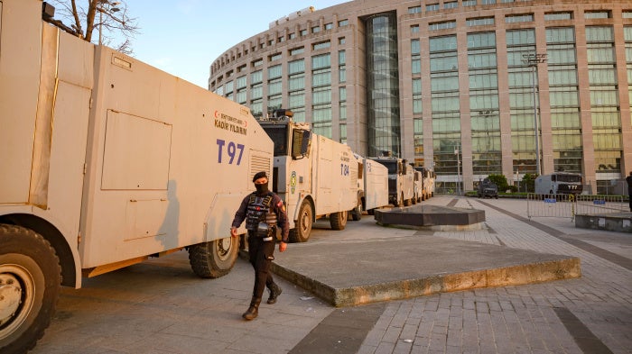 Police cordon off the area outside of the Caglayan courthouse in Istanbul, Türkiye, March 22, 2025.