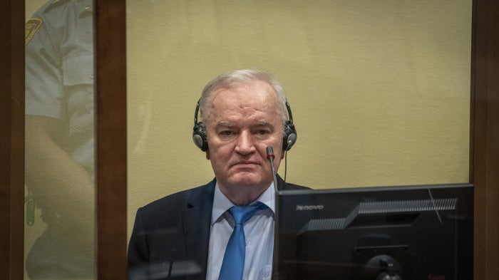 Former Bosnian Serb army chief Ratko Mladić in the courtroom in The Hague, Netherlands, June 8, 2021.