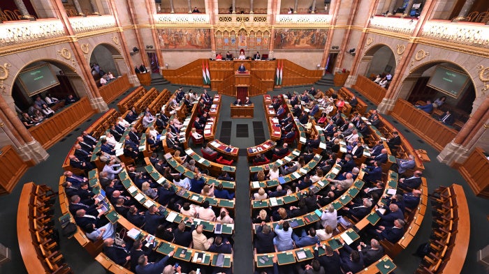 Prime Minister of Hungary, Péter Magyar, giving a speech in the Hungarian Parliament in Budapest, August 27, 2026.