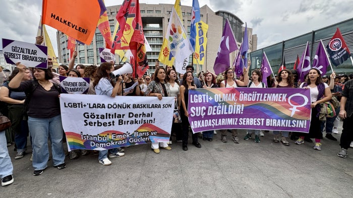 Demonstrators assemble on September 15, 2026, outside the Istanbul courthouse to protest the arrests of LGBT activists and raids on LGBT rights associations in cities across Türkiye. More than 100 demonstrators were also arrested and detained for more than 24 hours. 