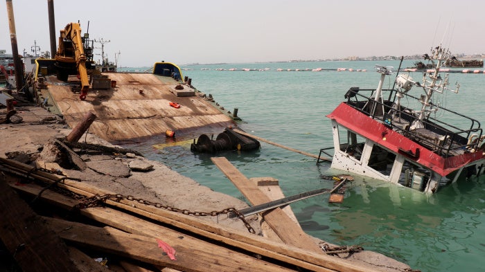 The navigation bridge of a sunken vessel in the Port of Mokha, Yemen, the day after an attack by the Houthis on the city, August 10, 2026. 