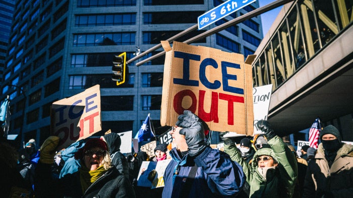 People march in Minneapolis, Minnesota march to protest the actions of federal agents with the Immigration and Customs Enforcement (ICE) agency during their immigration crackdown, Operation Metro Surge, in the state, January 30, 2026. 