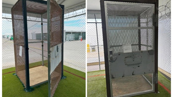 A small metal enclosure which was used to hold detainees, reportedly for up to two hours, as seen during an unannounced inspection by the Department of Homeland Security Office of Inspector General (DHS OIG) at ICE's now-closed immigration detention center Florida Soft-Sided Facility (FSSF) also known as Alligator Alcatraz, in Ochopee, Florida, January 21, 2026.