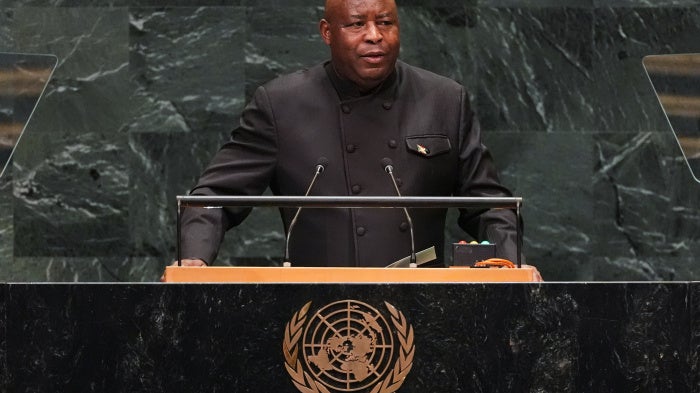 Burundi's President Evariste Ndayishimiye delivering a speech