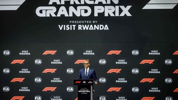  Rwanda's President Paul Kagame delivers remarks during the announcement of the Formula 1 African Grand Prix at BK Arena in Kigali on October 13, 2026.