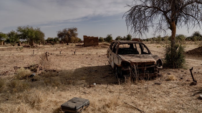  The remains of fighting in the abandoned village of Bakri, about 35 kilometers (22 miles) from El Fasher, Sudan, where homes and fields were left deserted after residents fled escalating violence across the region, February 24, 2026. 