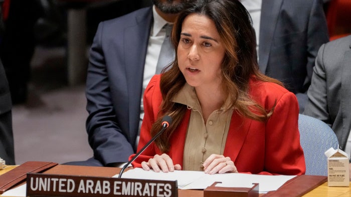 Lana Zaki Nusseibeh, representative to the United Nations of the United Arab Emirates, speaks during a UN Security Council meeting at UN headquarters on February 23, 2023.