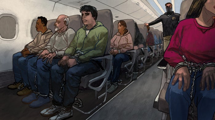 Illustration of shackled men and women seated in an airplane
