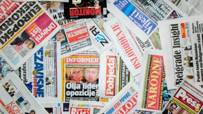 Front pages of newspapers from Bosnia and Herzegovina, Kosovo, Montenegro and Serbia.