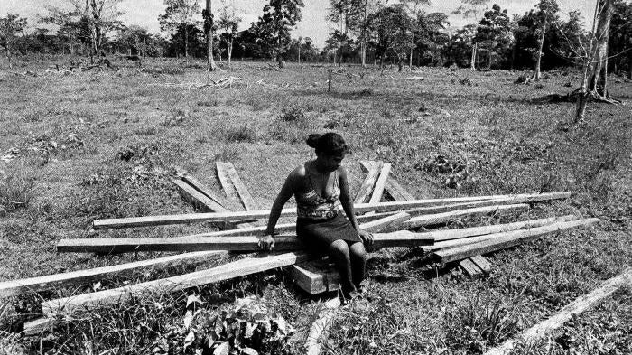 Paola Lance sits on the fallen structure of the house her family started to build in the Caño Manso community. Displaced in the late 1990s, Caño Manso community members started to return to their land in 2007 in the face of death threats and attacks.