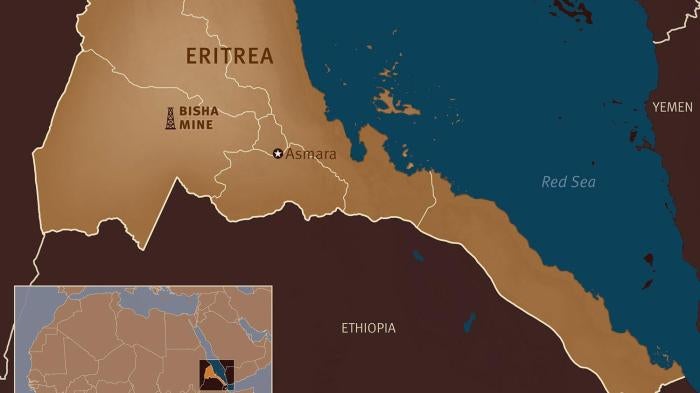 Map of Eritrea with location of Bisha Mine. 