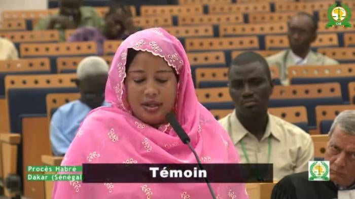 Haoua Brahim testifies during the trial of the former dictator of Chad Hissène Habré in Senegal on October 21, 2015. 