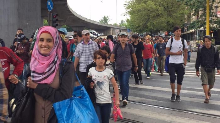 Refugees march from Hungary to Austria, September 5, 2015.