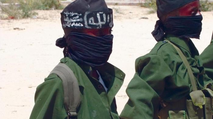 Children recruited by the Islamist armed group al-Shabaab, at a training camp in the Afgooye Corridor, west of Mogadishu, southern Somalia, in February 2011.