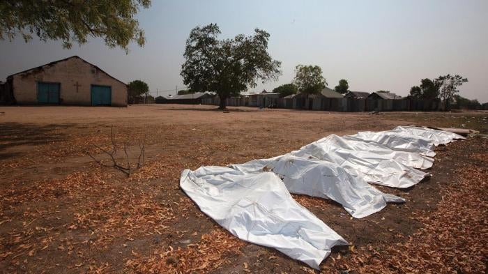 Bodies of civilians, including 11 women killed in January by forces opposed to President Kiir, lie in body bags at the St Andrews Episcopal Church compound in Bor town, Jonglei State.