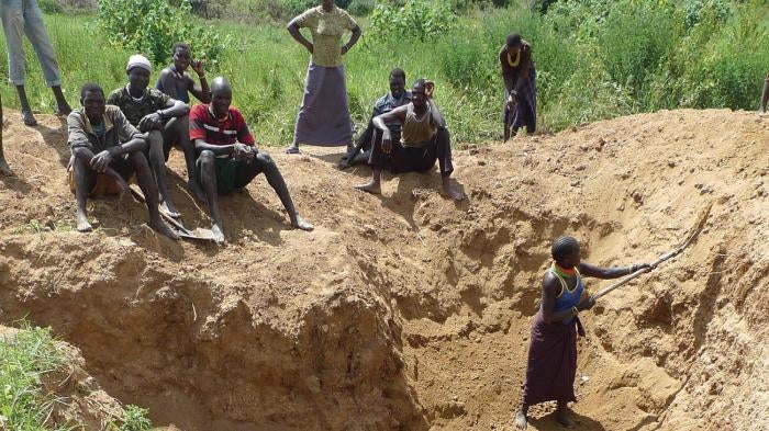 Artisanal miners in Lopedo, Kaabong, look for gold in deep trenches and pits. Artisanal mining is a key source of income for many communities in Karamoja during the dry season.