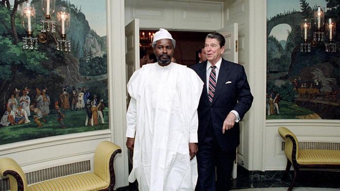Chadian president Hissène Habré with US president Ronald Reagan at the White House June 1987. Courtesy of Ronal