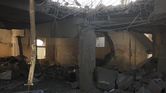 One of the three bombs that hit al-Zaydiya security directorate, Hodeida governorate, came through the ceiling next door to the director’s office. The attack killed at least 63 security personnel and detainees.