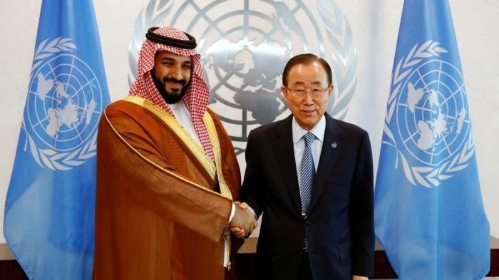 Saudi Arabian Deputy Crown Prince Mohammed bin Salman greets UN Secretary-General Ban Ki-moon at the UN headquarters in New York on June 22, 2016. 