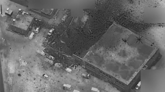 An aerial photograph released by the US Department of Defense after a March 16, 2017 US airstrike in al-Jinah, Syria, showing damage to part of a mosque.