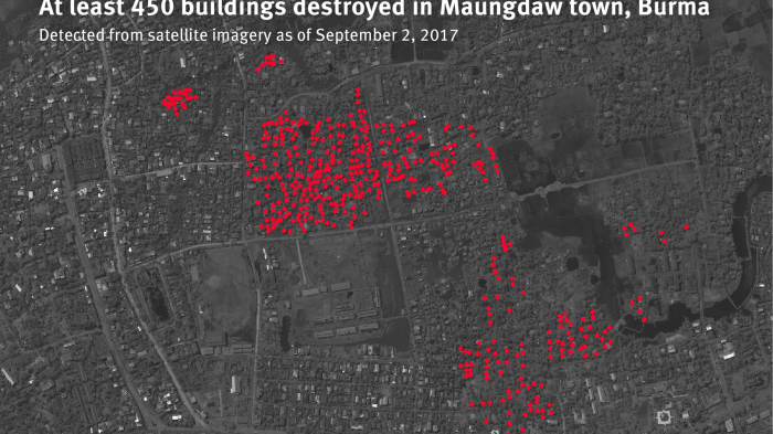 Map locating 450 buildings destroyed in August 2017 in a Rohingya neighborhood of Maungdaw town, Rakhine State, Burma.