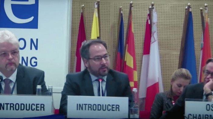  Nadim Houry, director of Terrorism and Counterterrorism division at Human Rights Watch, speaks in a conference organized by the Organization for Security and Co-operation in Europe (OSCE).