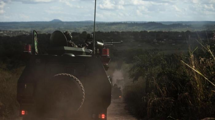 Mozambican army vehicles patrol roads in the Gorongosa area in central Mozambique, May 2016.